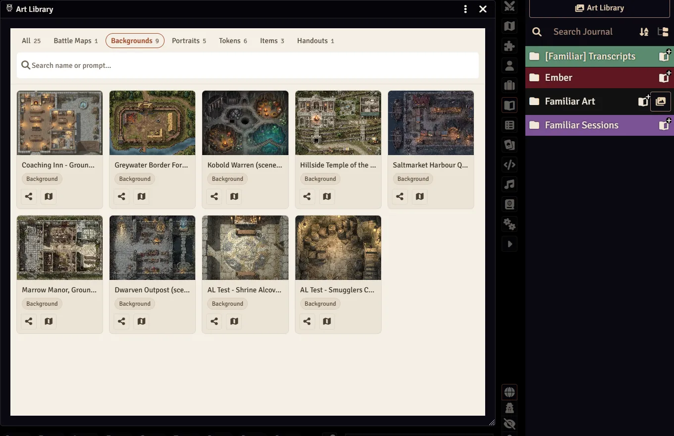 The Art Library window in Foundry VTT on its Backgrounds tab: nine generated maps as cards, each with a Background badge and share and Create scene actions, next to the journal sidebar with the Art Library button and the Familiar Art folder.