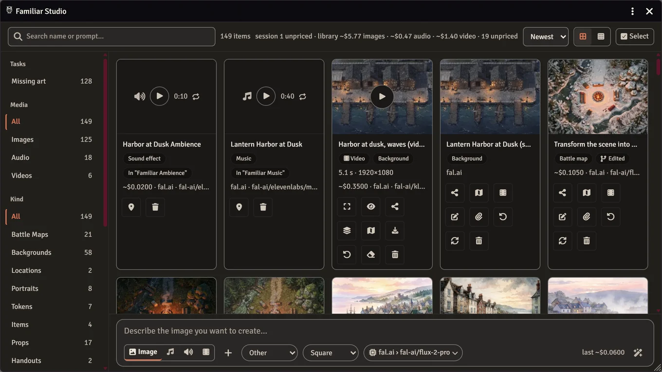 Familiar Studio in Foundry VTT: a search box beside the item count and the library's spend, the Newest, view and Select controls, a rail of Tasks, Media and Kind with a count on every row, a row of cards (a sound effect and a music track with play controls, a video with a play mark, a background and an edited battle map, each with its kind, provider and actions), and under the grid the prompt bar with its image, music, sound and video seats, a category and a size select, and the fal.ai model chip.