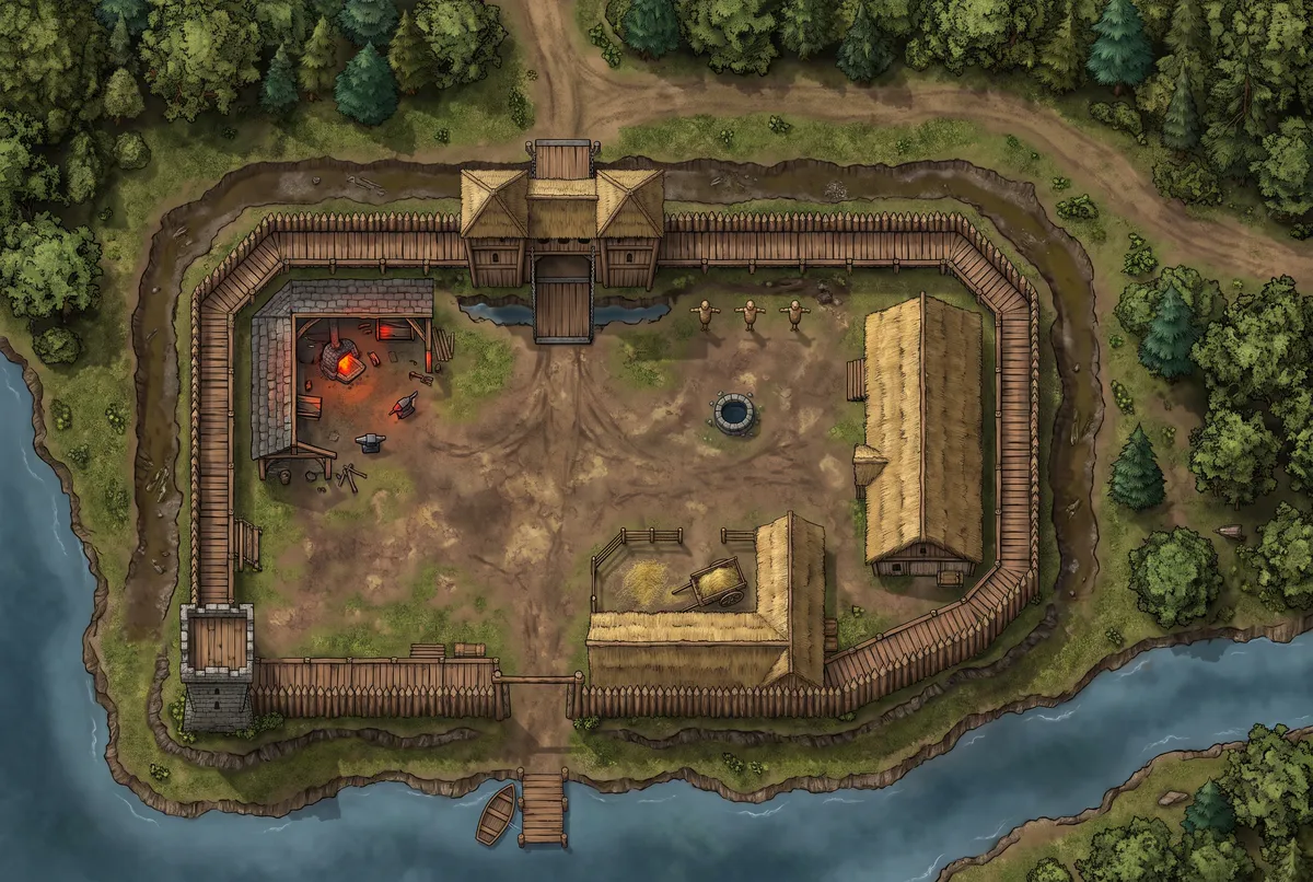 Top-down battlemap of a palisaded border fort on a river bend: a gatehouse with a drawbridge, a mustering yard with a well and training dummies, a thatched barracks longhouse, stables, a smithy, a stone watchtower and a small dock, with forest and a road outside the walls.