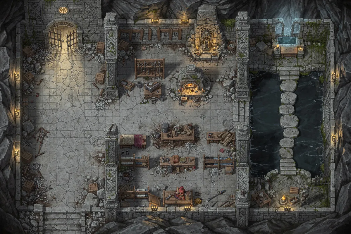 Top-down battlemap of an abandoned dwarven outpost cut into rock: a gate with rubble, a weapon rack, a forge with a furnace, a shrine with an idol, rows of stone bunks and a flooded cistern crossed by stepping stones.