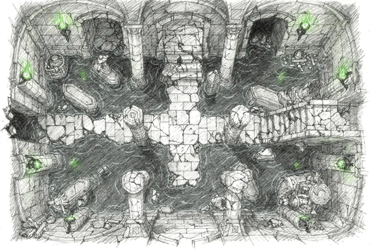 Top-down battlemap of a flooded crypt as a graphite pencil sketch: a cross-shaped flagstone walkway between pillars, broken sarcophagi tipped into dark cross-hatched water, alcoves along the walls, and the only colour the green glow of the wall torches.