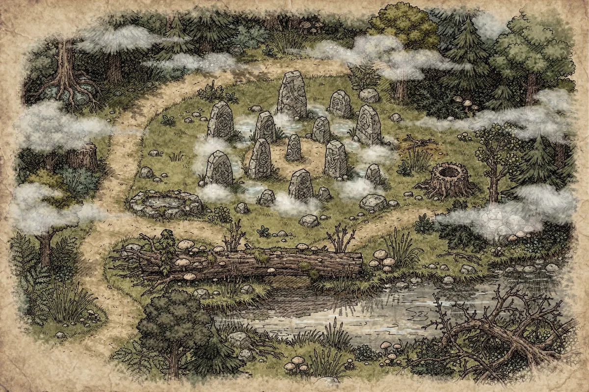 Top-down battlemap of a forest clearing drawn as ink cartography on aged parchment: a ring of mossy standing stones on a rise, a fallen oak bridging a stream, dirt paths, a hollow stump, mist drifting between the trees at the edges.