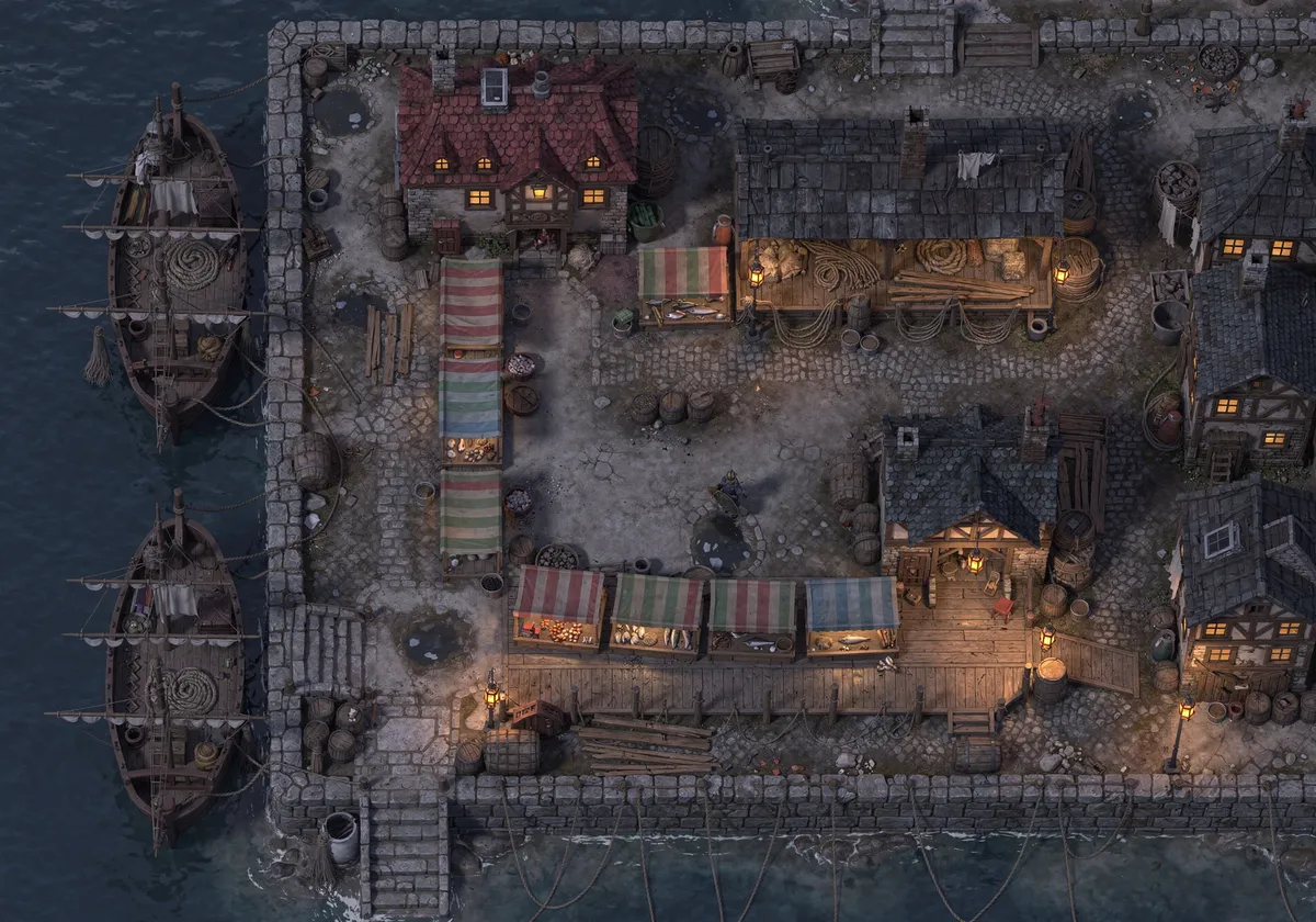 Top-down battlemap of a harbour quarter at dusk: two cargo cogs moored at a stone quay, a fish market with striped stalls, a warehouse, a tavern terrace lit by lanterns, and alleys between half-timbered houses.