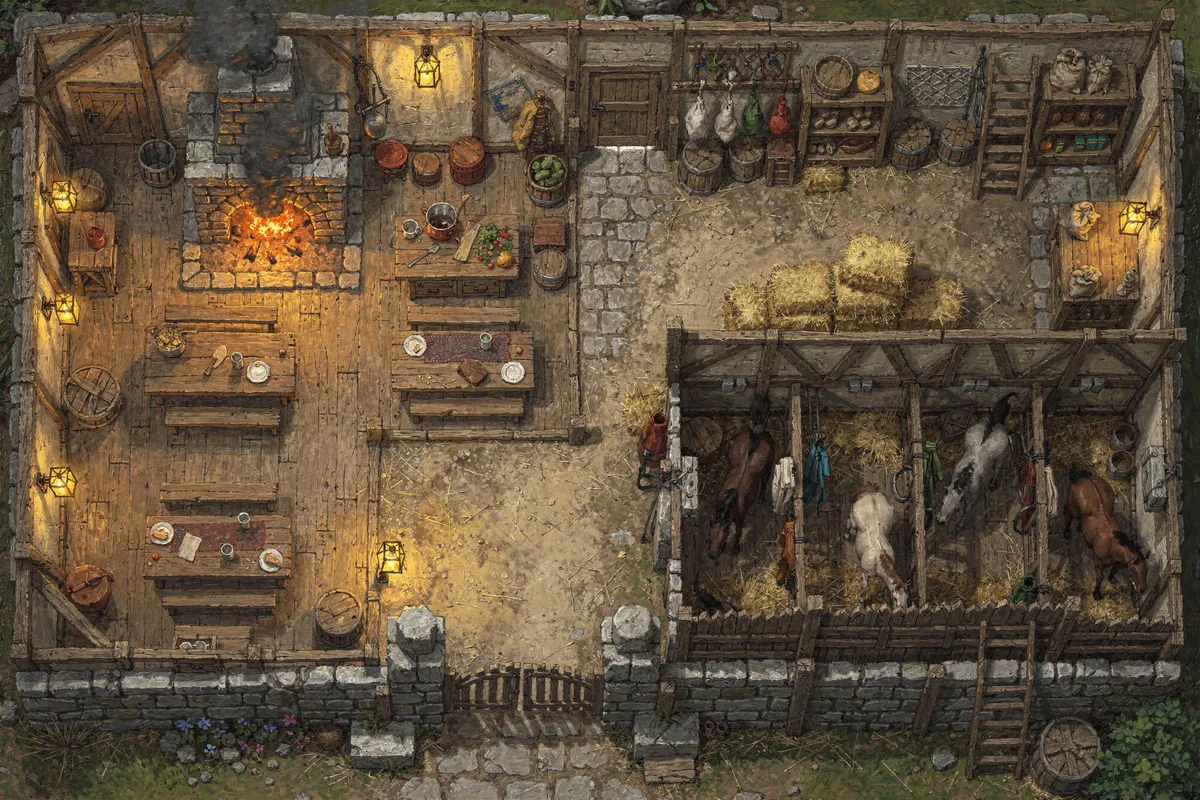 Top-down battlemap of a coaching inn in thick painterly strokes: a common room with a blazing hearth and long plank tables, a kitchen with hanging meat and a larder, a stable with four horses in stalls under a hay loft, and a cobbled yard with a gated wall along the bottom edge, all in warm lantern light.
