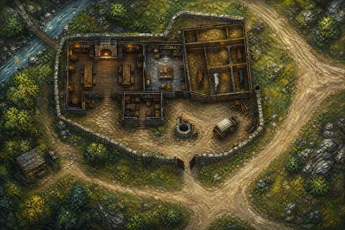 Top-down battlemap of a walled coaching inn at a forking road: a common room with a hearth and tables, a kitchen and a larder, a stable block with three horses and hay, a yard with a well and a parked wagon, a stream with a footbridge at the top left and dirt roads forking away to the right.