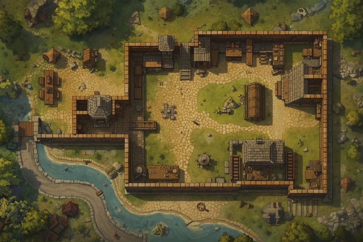Top-down battlemap of a walled compound in muted painterly tones: a stone wall enclosing sheds, wagons and a central yard, a stream with a bridge at the lower left, and trees around the edges; no inn common room is recognisable.