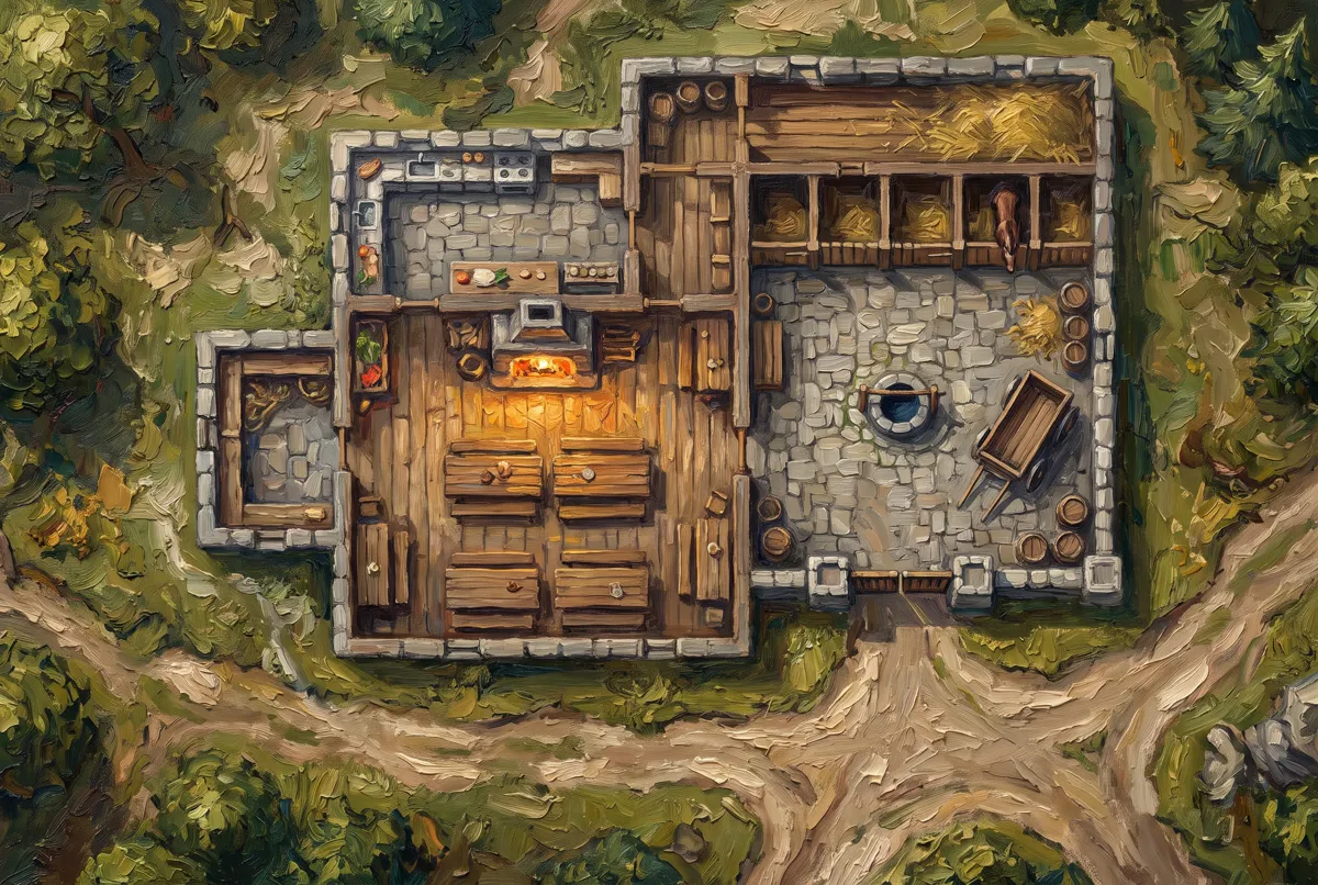 Top-down battlemap of a coaching inn in thick oil strokes: a common room with a hearth and benches, a kitchen, a stable wing with stalls and a hay loft, a cobbled yard with a well and a wagon, and dirt roads forking through woodland outside the walls.