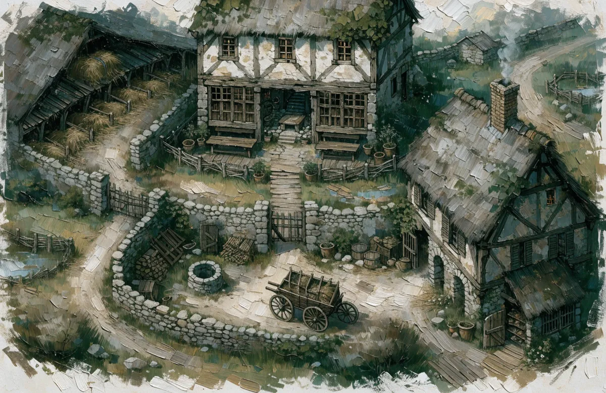 A coaching inn seen from a raised, angled viewpoint rather than straight down: a half-timbered inn with a thatched stable wing, a walled yard with a well and a wagon, and a road curving past, in loose painted strokes on white.
