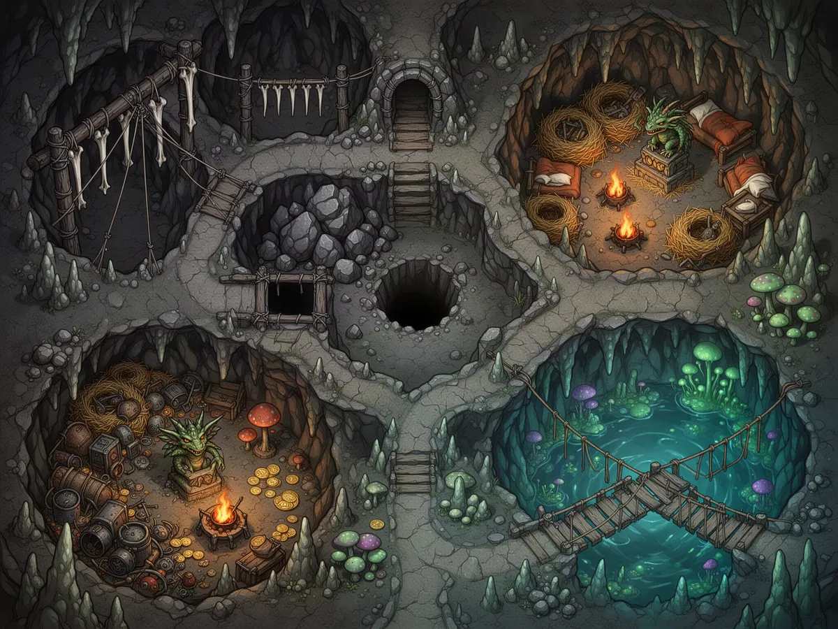 Top-down battlemap of a kobold warren of linked caverns: an entrance tunnel hung with bones, a trapped chokepoint with a pit, a sleeping den of straw nests, a hoard cavern with coins around a crude idol, and an underground pool crossed by a rope bridge.