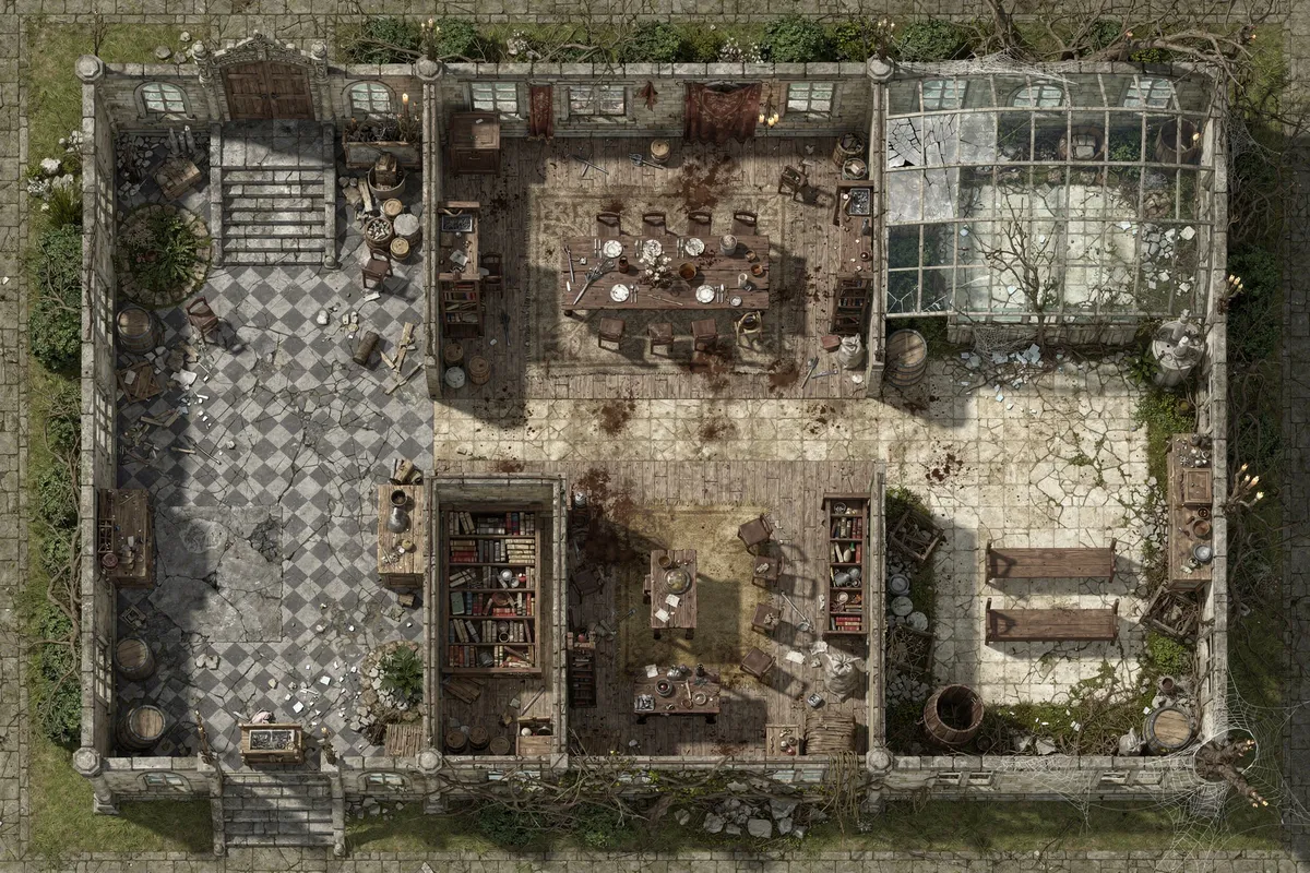 Top-down battlemap of the ground floor of a decaying manor: a checkered entrance hall with a staircase, a dining hall with a long table, a library, a glass conservatory with dead plants, a kitchen and a chapel with pews, with a walled garden outside.