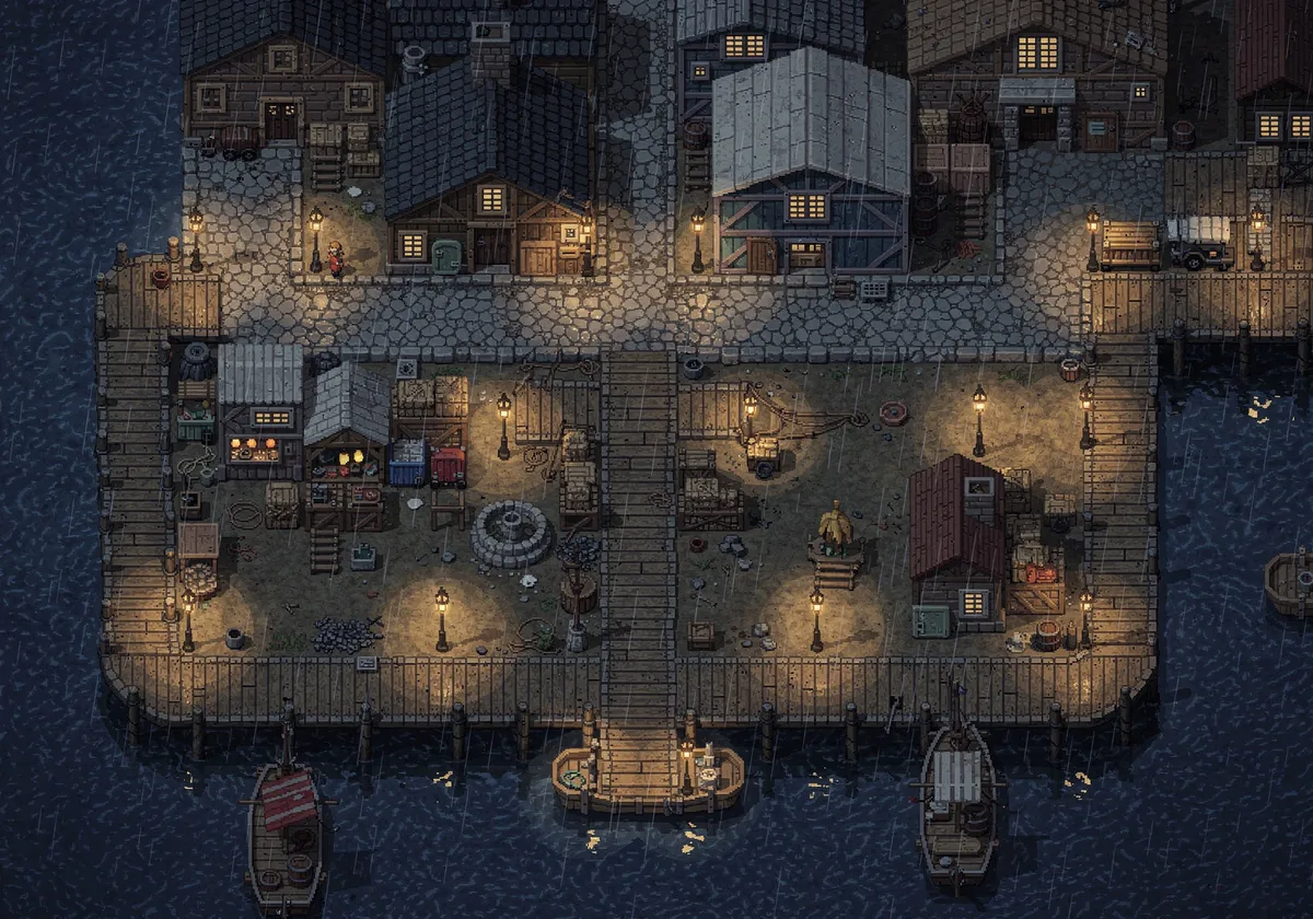 Top-down battlemap of a harbour district at night in 16-bit pixel art: wooden docks on dark water with crates and a market stall, lanterns throwing pools of light, a row of houses with lit windows along a cobbled quay, two moored boats, rain streaking the scene.