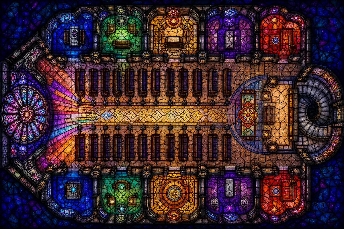 Top-down battlemap of a cathedral nave rendered as stained glass: rows of pews along a central aisle, side chapels in jewel-coloured leaded panels, a rose window at the left end throwing a fan of coloured light across the floor, and an apse at the right.
