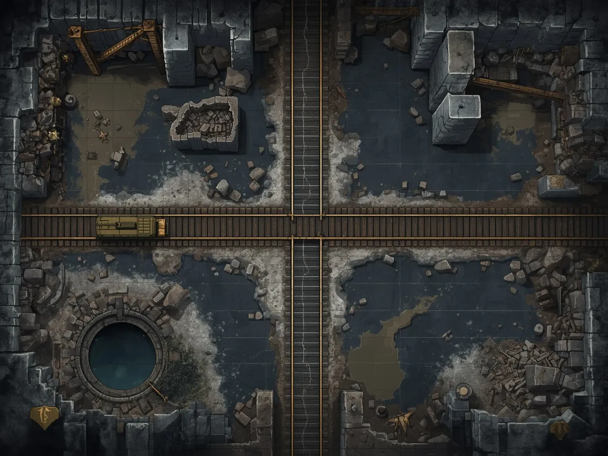 Top-down battlemap of a mine level in dark slate greys: rail tracks crossing the frame with a mine cart, a round flooded shaft at the lower left, the rubble of a collapsed gallery, timber props, and faint pale grid lines.
