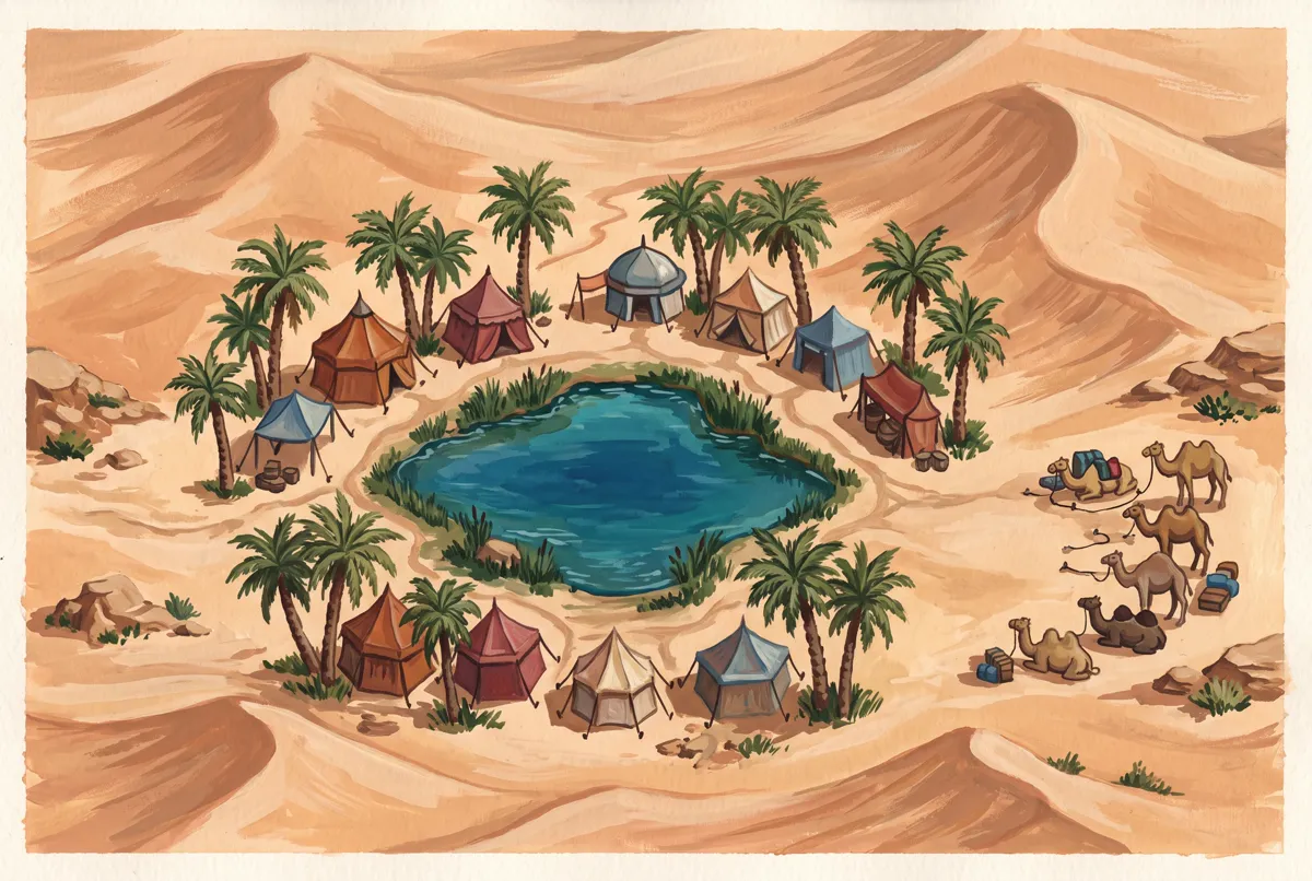 Top-down battlemap of a desert oasis in flat gouache on toned paper: a blue pool ringed by date palms and nine coloured tents, a string of camels with packs to the right, and dunes filling the rest of the frame.