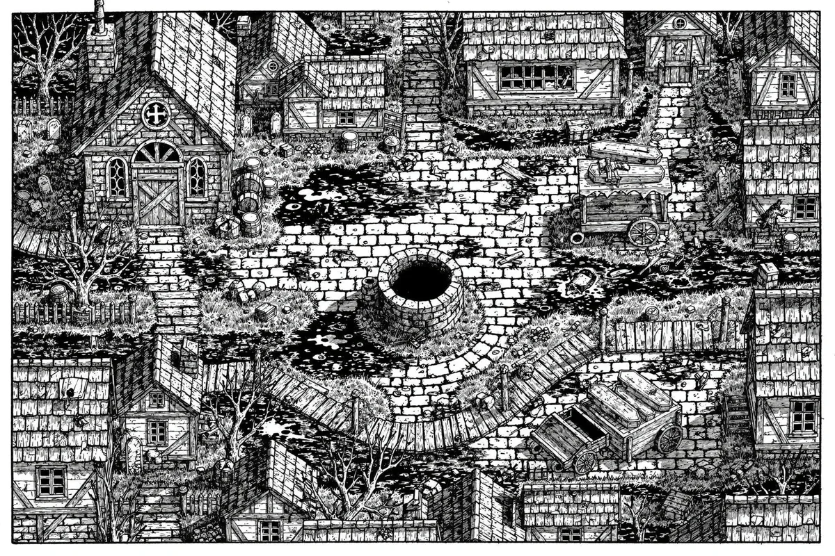 Top-down battlemap of a village square as a black-and-white woodcut: a cobbled square around a stone well, a boarded chapel with a cross on its gable at the top left, two carts loaded with coffins, bare trees and close-packed houses, all in heavy carved ink lines.