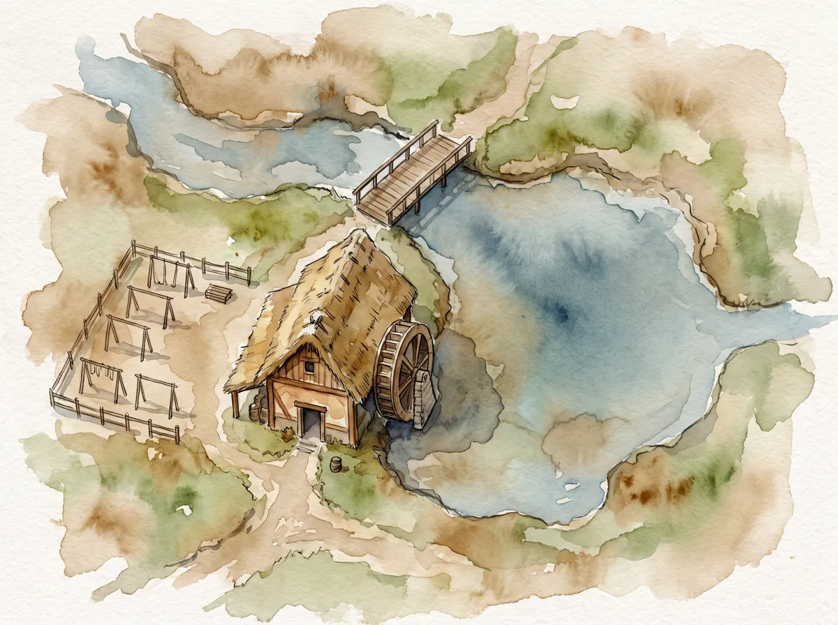 Battlemap of a riverside watermill in loose watercolour: a thatched mill with its wheel on a blue millpond, a wooden footbridge over the stream, a fenced drying yard with racks, and soft bleeding washes of green and brown on rough paper.