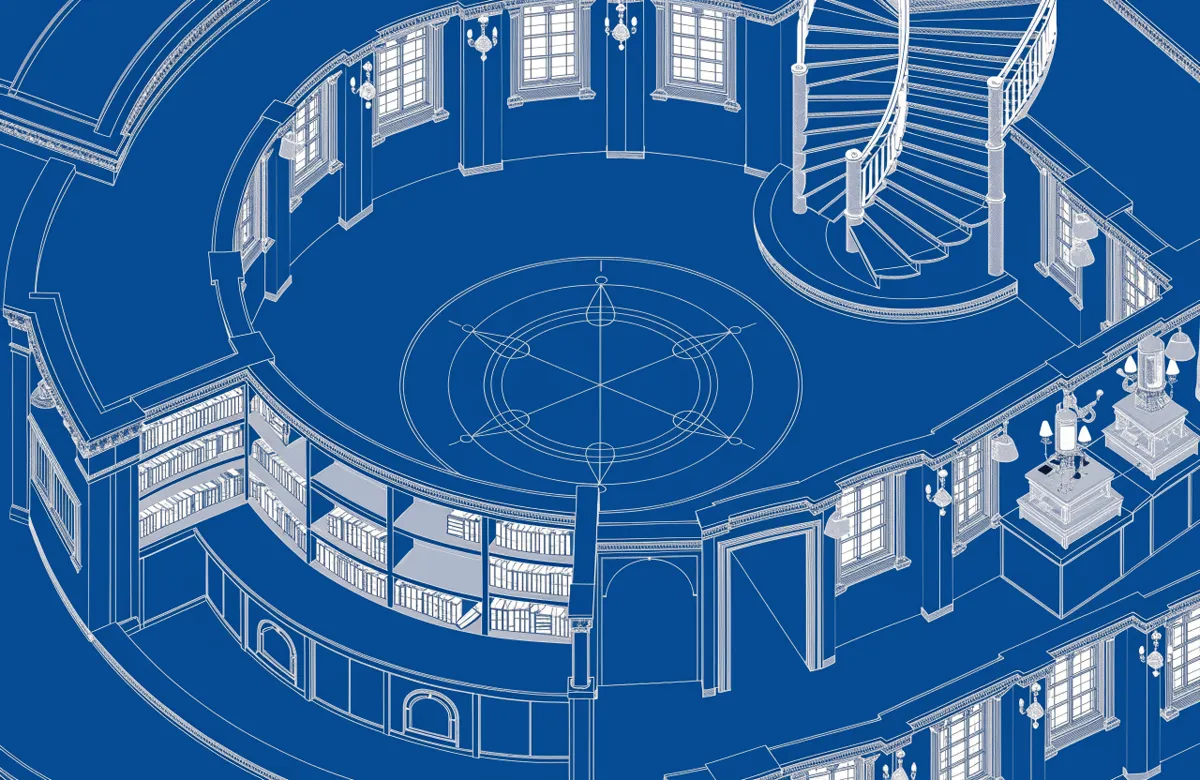 A wizard's tower floor as a white-on-blue architectural blueprint, drawn isometric rather than top-down: a round room with a summoning circle on the floor, a curved library nook of shelves, tall windows and a spiral stair.
