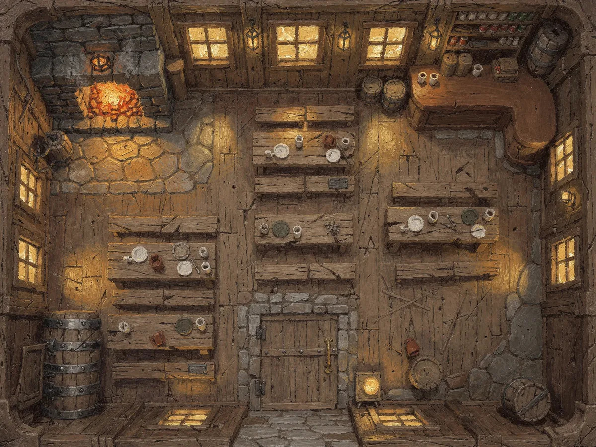 Top-down battlemap of a tavern common room painted in thick oil brushstrokes: a stone hearth blazing in the corner, rows of long plank tables set with plates and mugs, a bar counter and barrels, a cellar hatch in the floorboards, warm lantern light on dark wood.