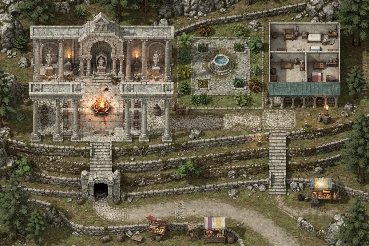 Top-down battlemap of a hillside temple complex: a colonnaded court with a fire bowl, an open nave with an altar, side chapels with statues, a cloister garden with a well, priests' cells, a crypt entrance and a pilgrims' road with market stalls winding up terraces.