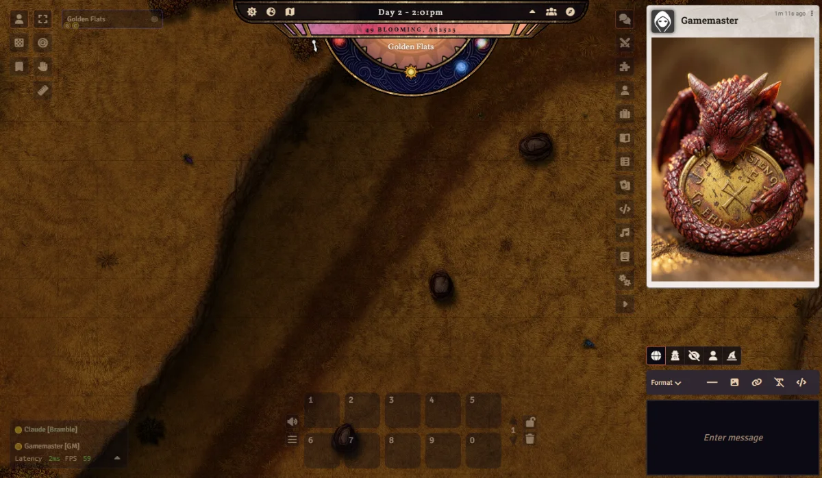 The player view of Foundry VTT with a shared generated image of a dragon hatchling visible in the chat log.