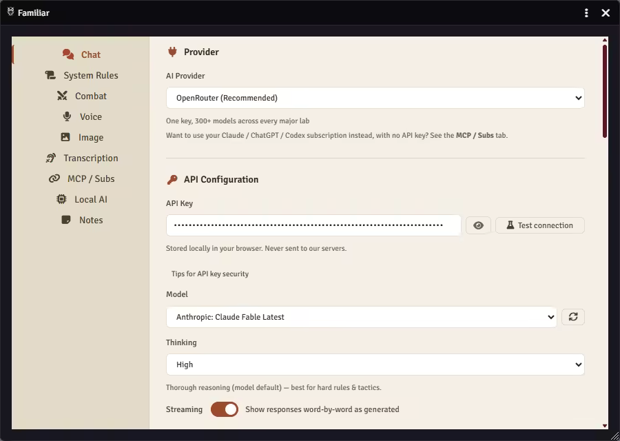 Familiar's built-in chat settings in Foundry: the AI provider set to OpenRouter (one key, 300+ models), an API key field noting the key is stored locally in your browser and never sent to a Familiar server, plus a model picker, a Thinking control for reasoning effort, and a streaming toggle.