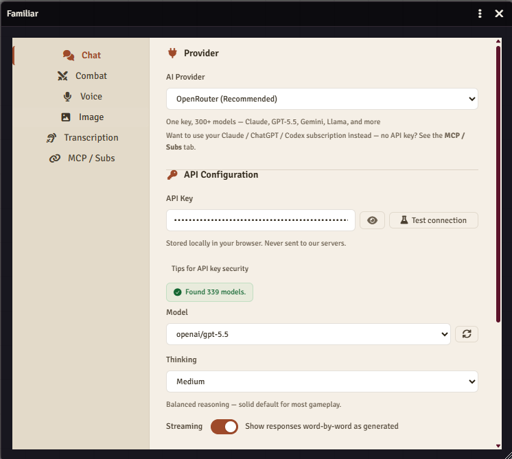Familiar's built-in chat settings in Foundry: the AI provider set to OpenRouter (one key, 300+ models), an API key field noting the key is stored locally in your browser and never sent to a Familiar server, plus a model picker, a Thinking control for reasoning effort, and a streaming toggle.
