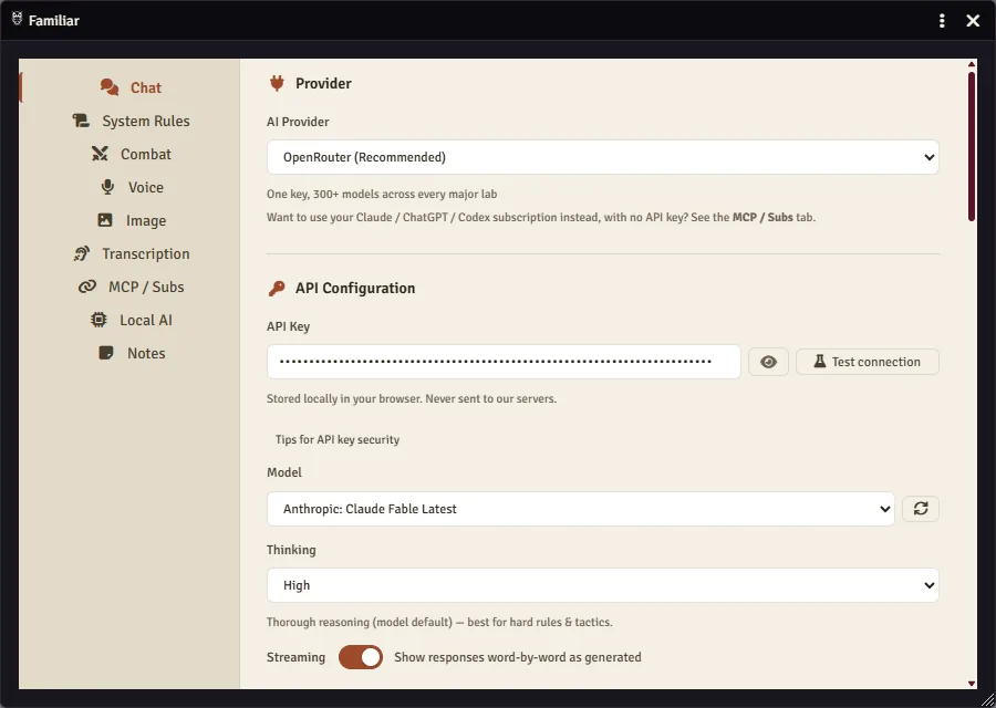 Familiar's built-in chat settings in Foundry: the AI provider set to OpenRouter (one key, 300+ models), an API key field noting the key is stored locally in your browser and never sent to a Familiar server, plus a model picker, a Thinking control for reasoning effort, and a streaming toggle.