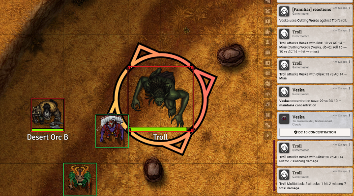 A troll's turn on a desert battlemap in Foundry VTT, the troll ringed by the turn marker beside Veska. The chat log resolves its Multiattack: a bite that rolled 16 drops to 10 after Veska's Cutting Words and misses against AC 14, one claw misses at 13, the other hits at 20 for 7 slashing damage, and Veska's concentration save of 22 against DC 10 holds.