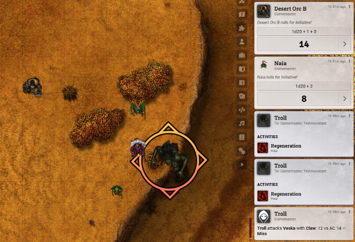 A live Foundry VTT combat on a desert battlemap. A troll, ringed by an orange on-map marker, stands next to Veska, a robed player-character token. The chat log on the right lists initiative rolls for Desert Orc B (14) and Naia (8), two Regeneration entries for the troll, and the troll's claw attack on Veska resolving as 12 against AC 14, a miss.