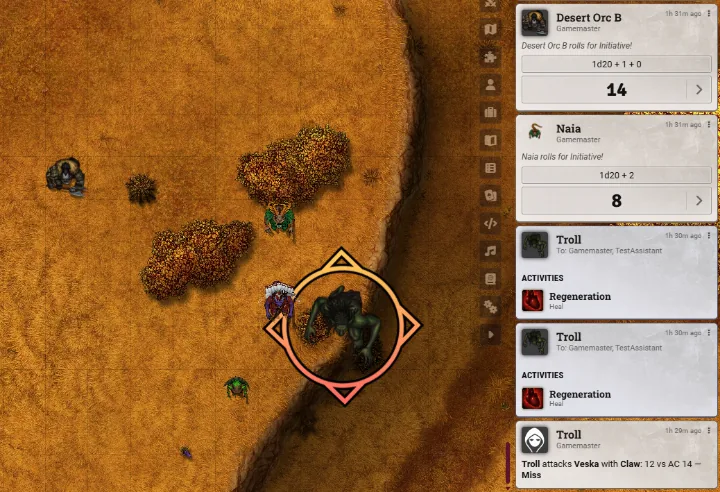 A live Foundry VTT combat on a desert battlemap. A troll, ringed by an orange on-map marker, stands next to Veska, a robed player-character token. The chat log on the right lists initiative rolls for Desert Orc B (14) and Naia (8), two Regeneration entries for the troll, and the troll's claw attack on Veska resolving as 12 against AC 14, a miss.