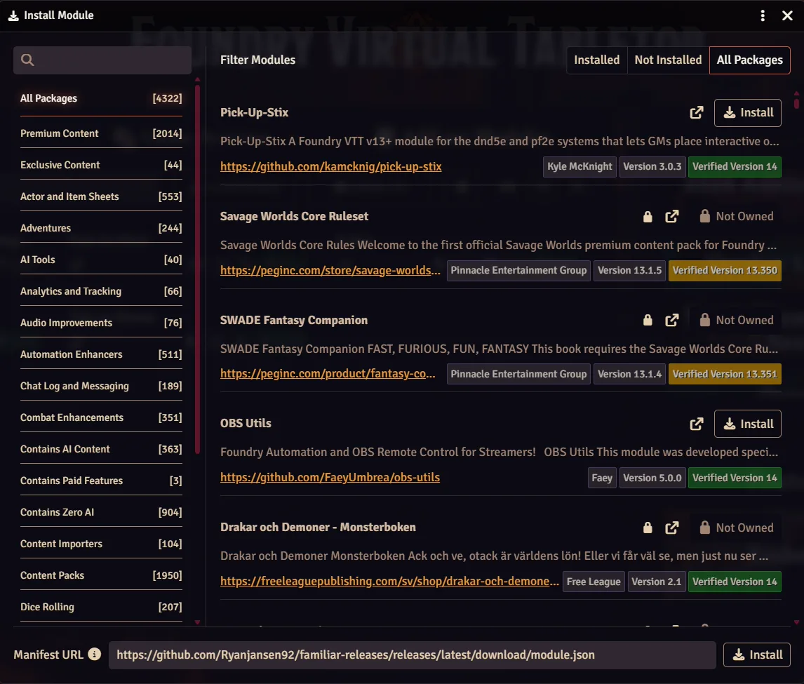 Foundry's Install Module dialog, with the package search box at the top and the Manifest URL field at the bottom.