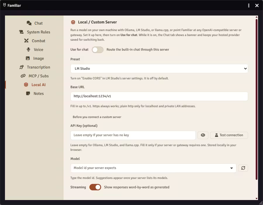 Familiar's Local AI settings tab in Foundry: the Use for chat switch, a preset dropdown set to LM Studio, the base URL http://localhost:1234/v1, an optional API key field, a model id field, and a streaming toggle.