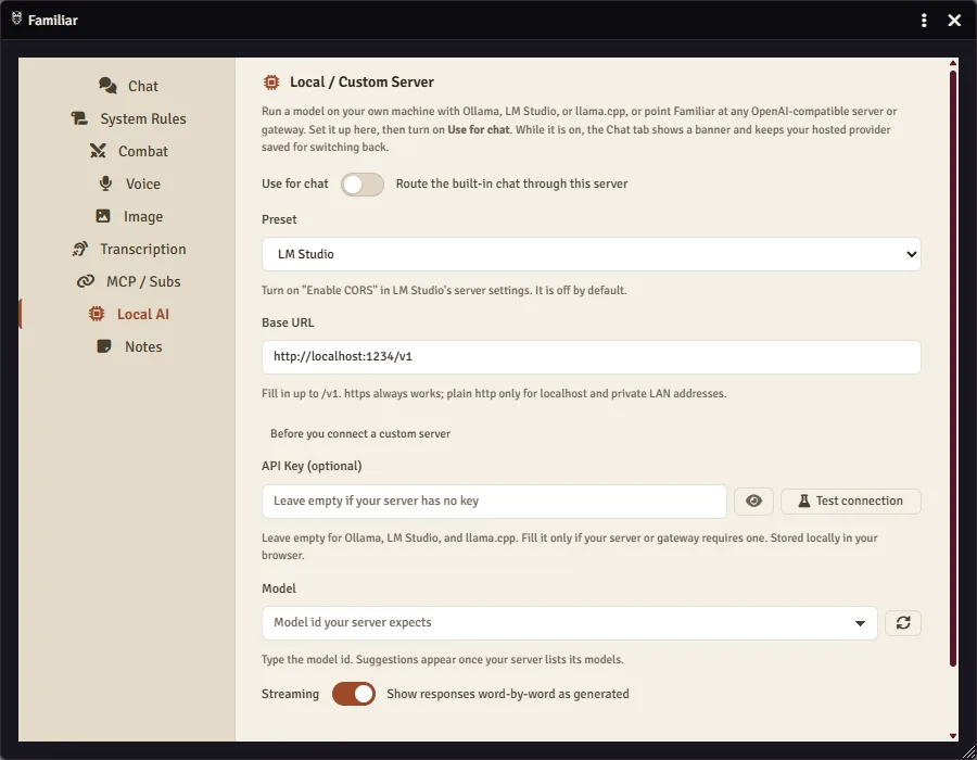 Familiar's Local AI settings tab in Foundry: the Use for chat switch, a preset dropdown set to LM Studio, the base URL http://localhost:1234/v1, an optional API key field, a model id field, and a streaming toggle.