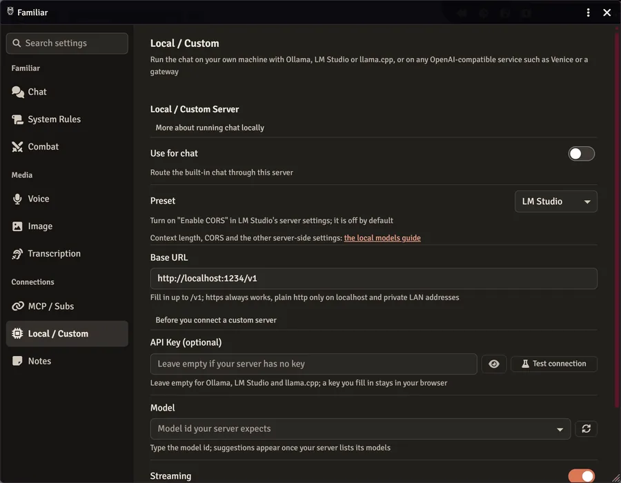 Familiar's Local / Custom settings tab in Foundry: the Use for chat switch, off, a preset dropdown set to LM Studio with its CORS hint, the base URL http://localhost:1234/v1, an optional API key field with a Test connection button, a model id field, and a streaming toggle.