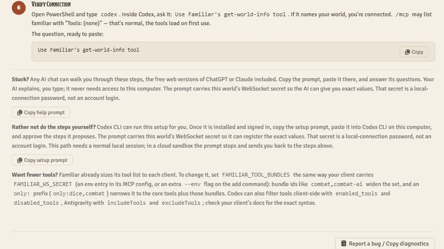 The Codex CLI card in Familiar's MCP settings tab in Foundry, at its last step, Verify Connection: the instruction to ask Codex for a Familiar tool, a copy box holding that line, and under it the Stuck? and Rather not do the steps yourself? paragraphs with their Copy help prompt and Copy setup prompt buttons.