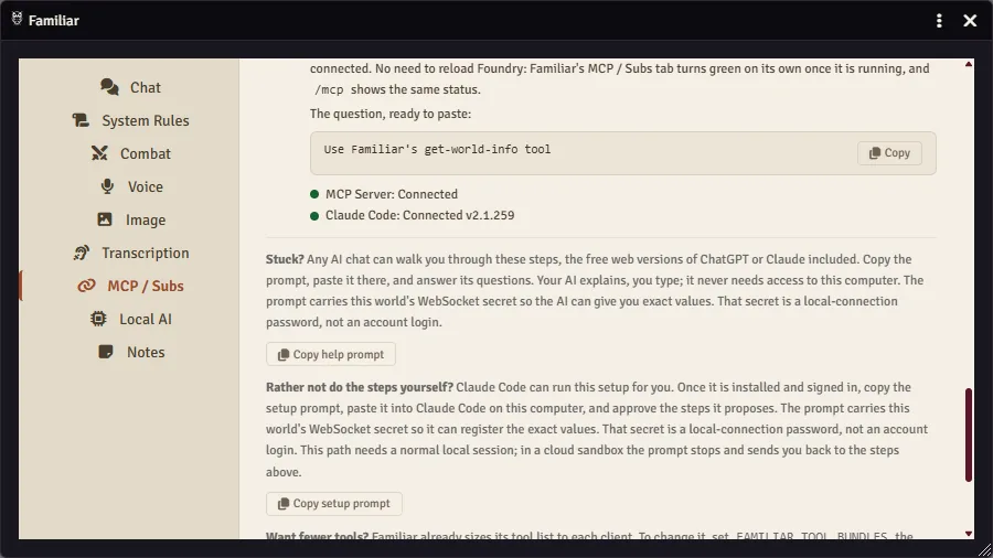 The Claude Code card open in Familiar's MCP / Subs wizard: the verify line with its Copy button, two green Connected rows, and the Copy help prompt and Copy setup prompt buttons below.
