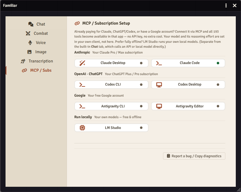 Familiar's MCP / Subscription Setup panel in Foundry, with clients grouped by the account that drives them: Claude Desktop and Claude Code under Anthropic, Codex CLI and Codex Desktop under OpenAI, Antigravity CLI and Editor under Google, and LM Studio under Run locally. Claude Code is shown connected.