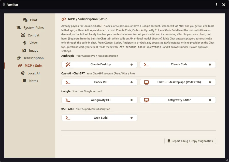 Familiar's MCP and subscription setup in Foundry: seven client cards in four groups, Claude Desktop and Claude Code under an Anthropic subscription, Codex CLI and the ChatGPT desktop app (Codex tab) under a ChatGPT account, Antigravity CLI and Antigravity Editor under a Google account, and Grok Build under a SuperGrok subscription.