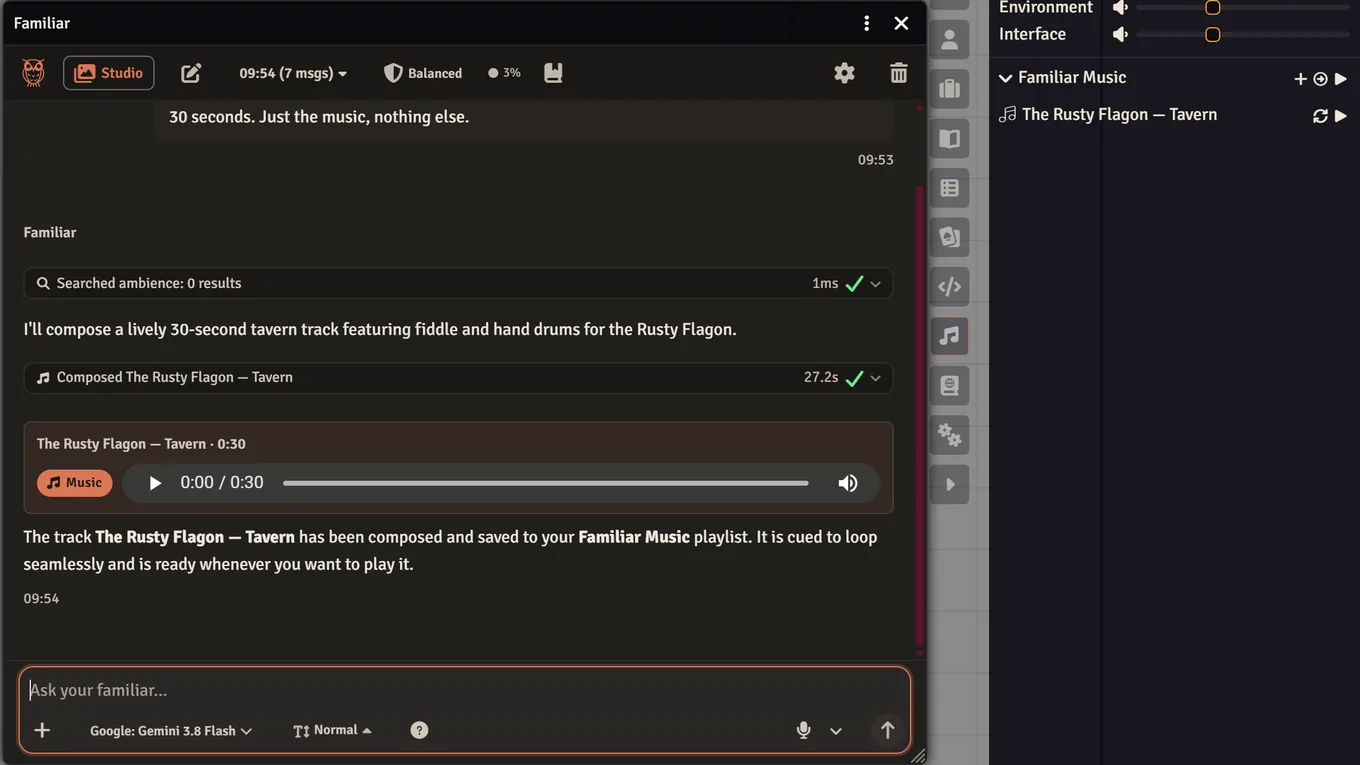 Familiar's chat window in Foundry beside the Playlists sidebar: the ask for a short tavern track, a Searched ambience row with no results, a Composed row with its check, a Music cell with a player at 0:00 of 0:30, and the reply that the track is saved to the Familiar Music playlist and ready whenever you want to play it. In the sidebar, Familiar Music holds that one track, set to repeat, with nothing playing.