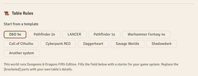 Familiar's Table Rules setting in Foundry, showing a row of starter templates: D&D 5e, Pathfinder 2e, LANCER, Pathfinder 1e, Warhammer Fantasy 4e, Call of Cthulhu, Cyberpunk RED, Daggerheart, Savage Worlds, Shadowdark, and a generic Another system option.