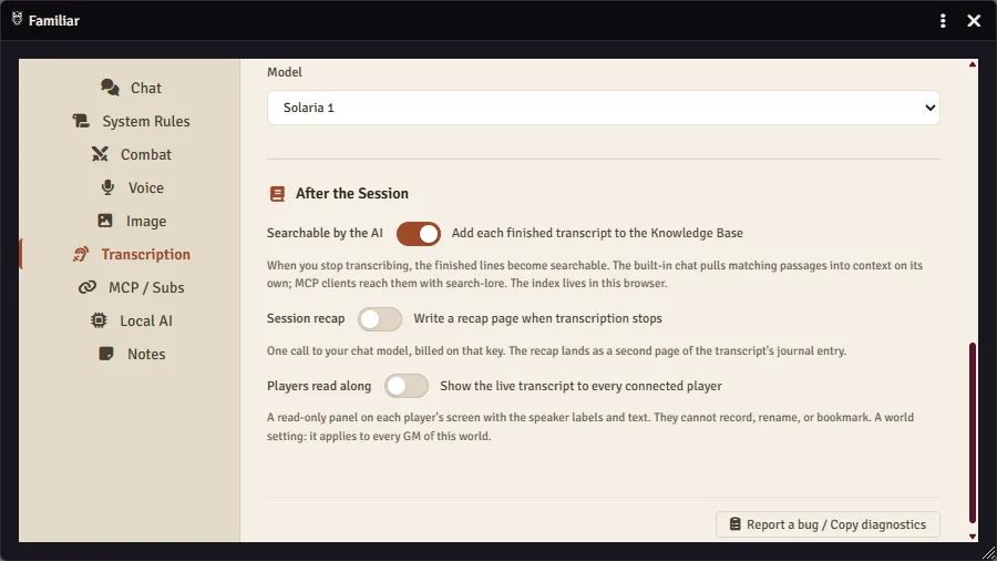 Familiar's Transcription tab in Foundry at the After the Session section: Searchable by the AI on, Session recap off, Players read along off, and the transcription model picker above them.
