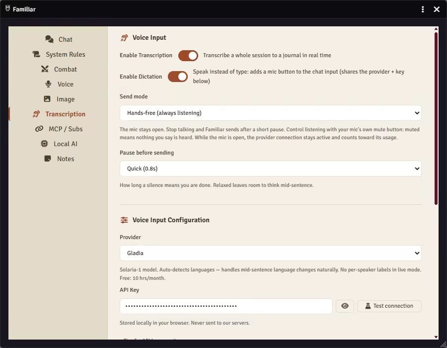 Familiar's transcription settings: session transcription and dictation enabled, a hands-free send mode with a short pause before sending, and the Gladia provider with the API key stored in the browser.