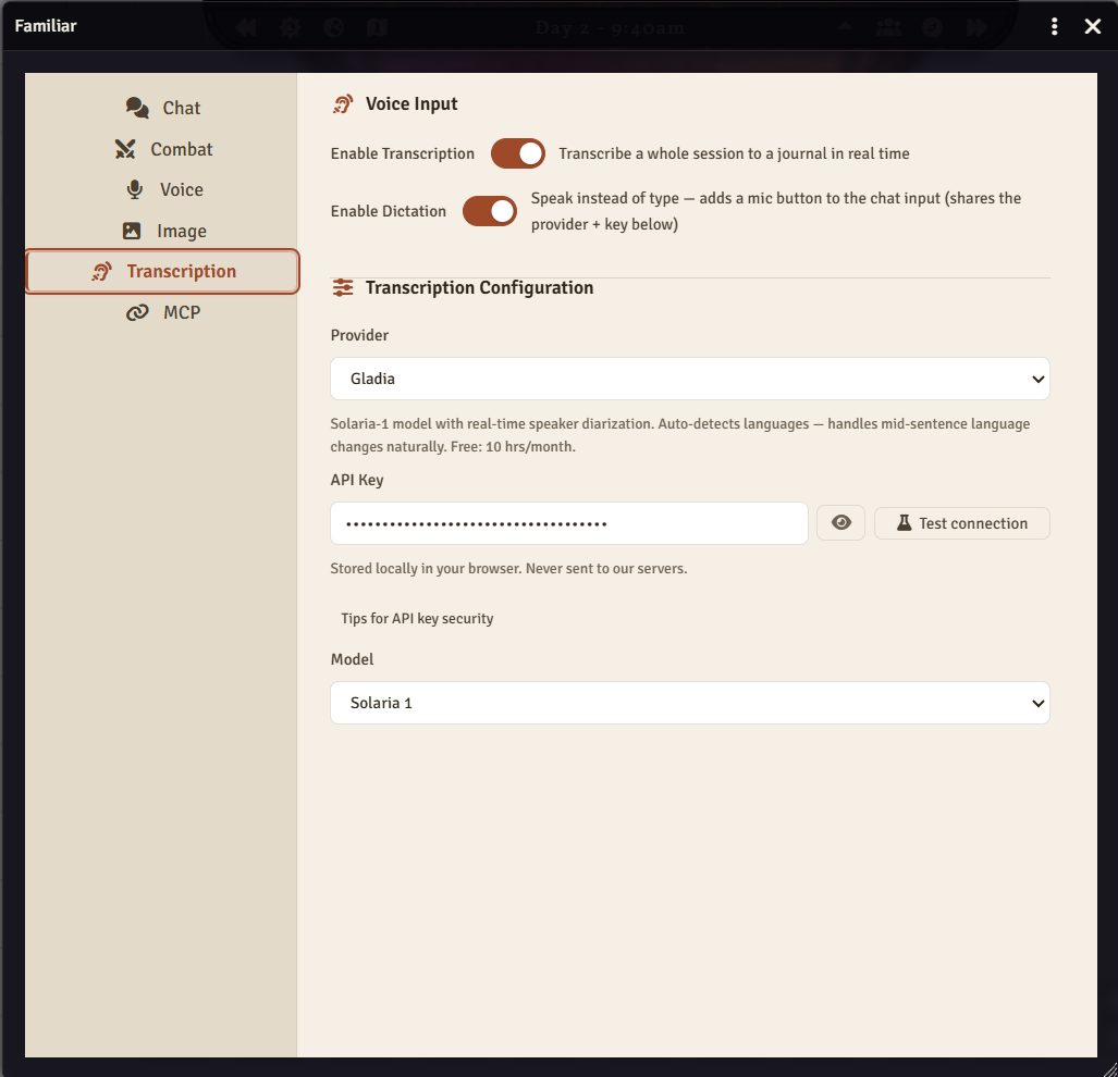 Familiar's transcription settings: live session transcription and dictation enabled, using the Gladia provider with real-time speaker labels.