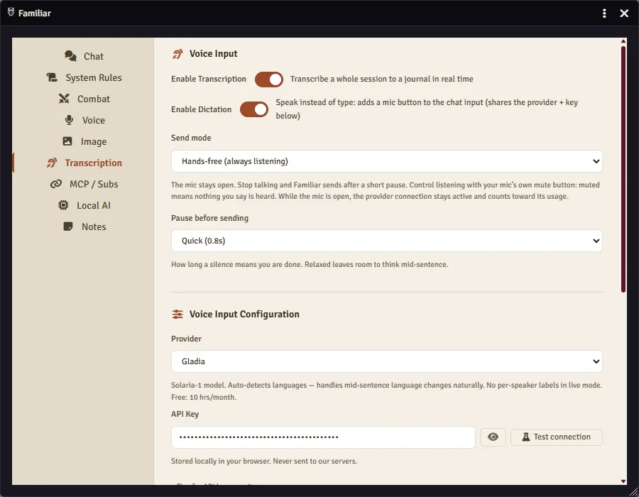 Familiar's transcription settings: session transcription and dictation enabled, a hands-free send mode with a short pause before sending, and the Gladia provider with the API key stored in the browser.