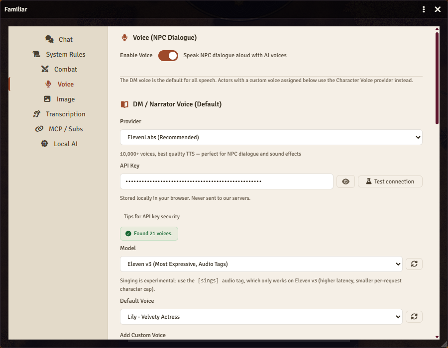 Familiar's voice settings in Foundry: Enable Voice switched on, the narrator voice on the ElevenLabs provider with an API key pasted and 21 voices found, the Eleven v3 model, and a default voice picker.
