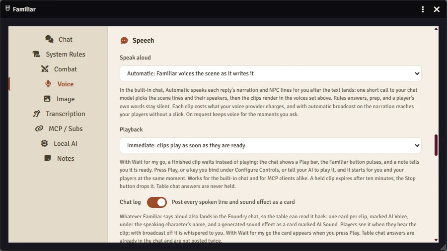 Familiar's Voice tab in Foundry at the Speech section: Speak aloud on Automatic, Playback on Immediate, and the Chat log switch on, each with its explanation under it.